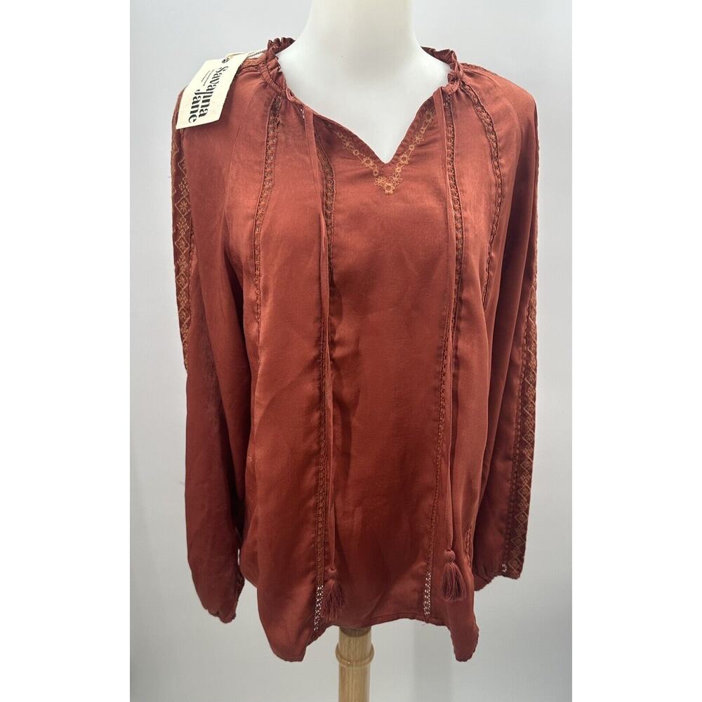 Savanna Jane Womens Burnt Orange Satin embroidered BoHo blouse size Large